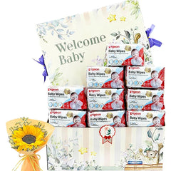 Newborn gift hamper with baby wipes, welcome baby sign, and fresh sunflower bouquet for delivery
