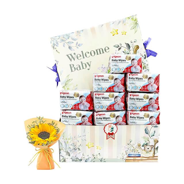 Welcome Baby gift hamper with baby wipes and sunflower bouquet, ideal for flower delivery
