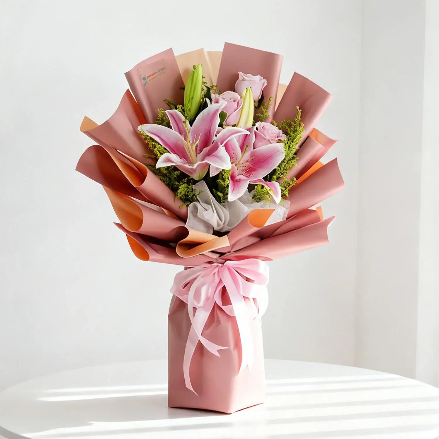 Elegant pink lily and rose bouquet for flower delivery, wrapped in pastel paper with ribbon.