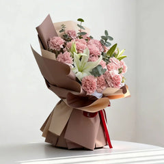 Pink carnation and white lily bouquet for flower delivery in Singapore