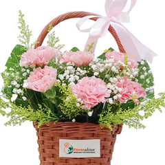 Pink carnations and white baby’s breath in a round basket for same-day flower delivery