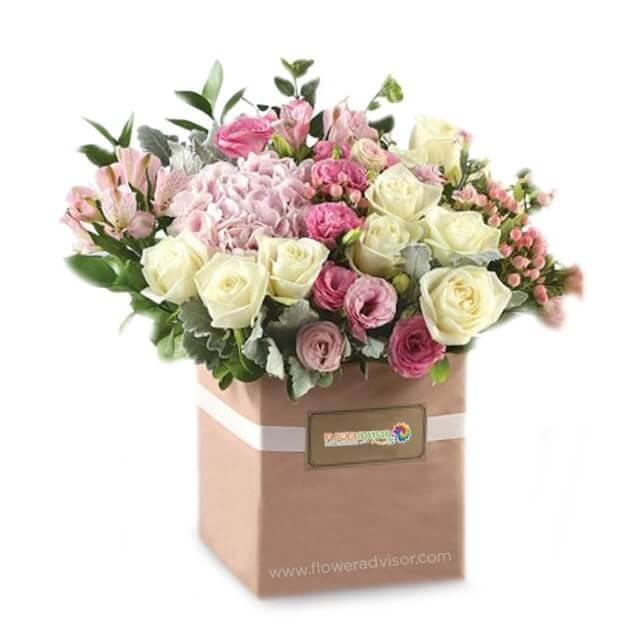 Elegant flower delivery box with pink and white roses, hydrangeas and greenery