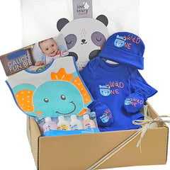 Blue baby gift hamper with clothes, bib, baby care items, ideal for flower delivery surprises
