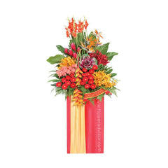 Colorful grand opening flower stand with gerbera, roses, tropical flowers for delivery