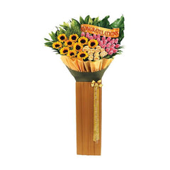 Congratulations sunflower and rose bouquet with pink flowers for Singapore flower delivery