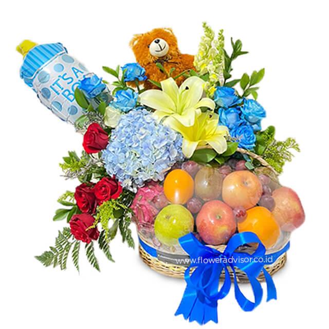 Newborn baby flower delivery basket with blue and yellow flowers, fruits, and teddy bear