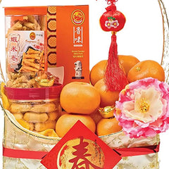 Chinese New Year hamper with oranges, snacks, cookies and fresh flower for delivery