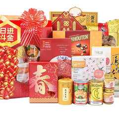 Chinese New Year hamper with snacks, festive packaging, and flower delivery options
