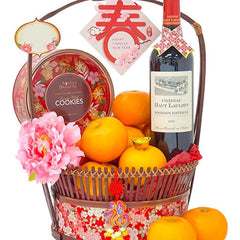 Chinese New Year flower delivery hamper with oranges, wine, cookies and pink flower