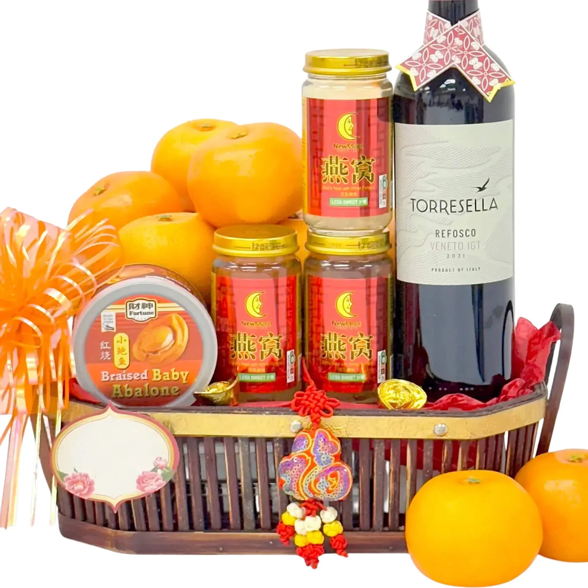 Chinese New Year fruit and hamper basket with oranges, wine, and festive flowers for delivery