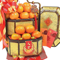 Chinese New Year hamper with fresh oranges, festive red envelopes, perfect for flower delivery gifts