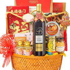 Chinese New Year hamper with wine, abalone, festive treats, and decorative gift basket for delivery