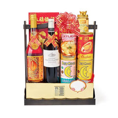 Chinese New Year hamper with wine, abalone, festive foods and gift packaging for delivery