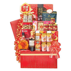 Chinese New Year gift hamper with festive red packaging, assorted snacks, and flower delivery