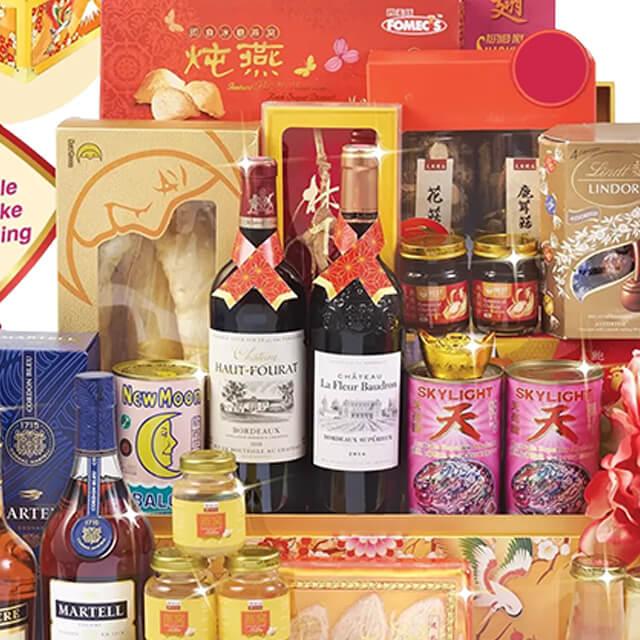 Luxury hamper with wines, gourmet foods, and festive gift items for flower delivery