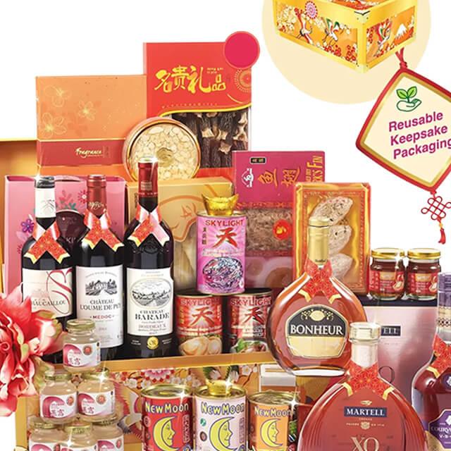 Luxury gift hamper with wine, canned goods, and flowers for festive flower delivery