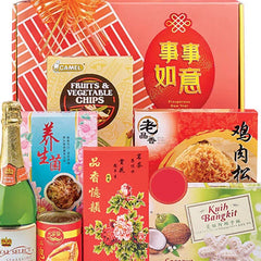 Chinese New Year festive hamper with snacks and sparkling drink for flower delivery
