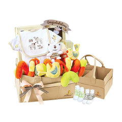 Baby gift hamper with plush animal toys, flowers, baby clothes, and congratulatory card, perfect for flower delivery in Singapore.
