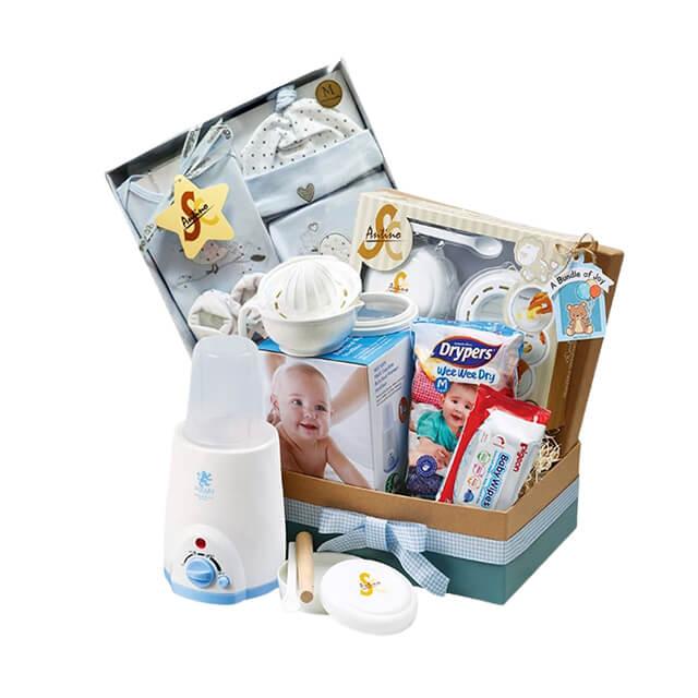 Baby gift hamper with bottle warmer, baby care items, ideal for flower delivery gifts