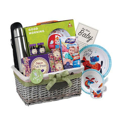 New baby gift basket with thermos, snacks, baby care items, and animal-themed plates, ideal for flower delivery occasions