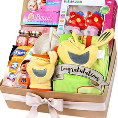 Congratulations gift hamper with plush birds, baby items, and flowers for delivery
