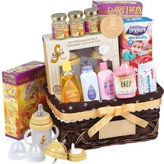 Baby hamper with diapers, bottles, baby shampoo, wipes and gifts for delivery