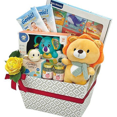 Flower delivery gift basket with yellow rose, baby toys, plush lion, and baby products.