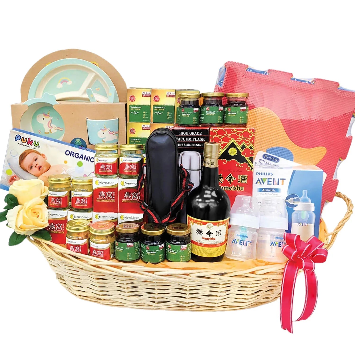 Flower delivery gift basket with baby essentials, bottled supplements, soft toy, and yellow roses