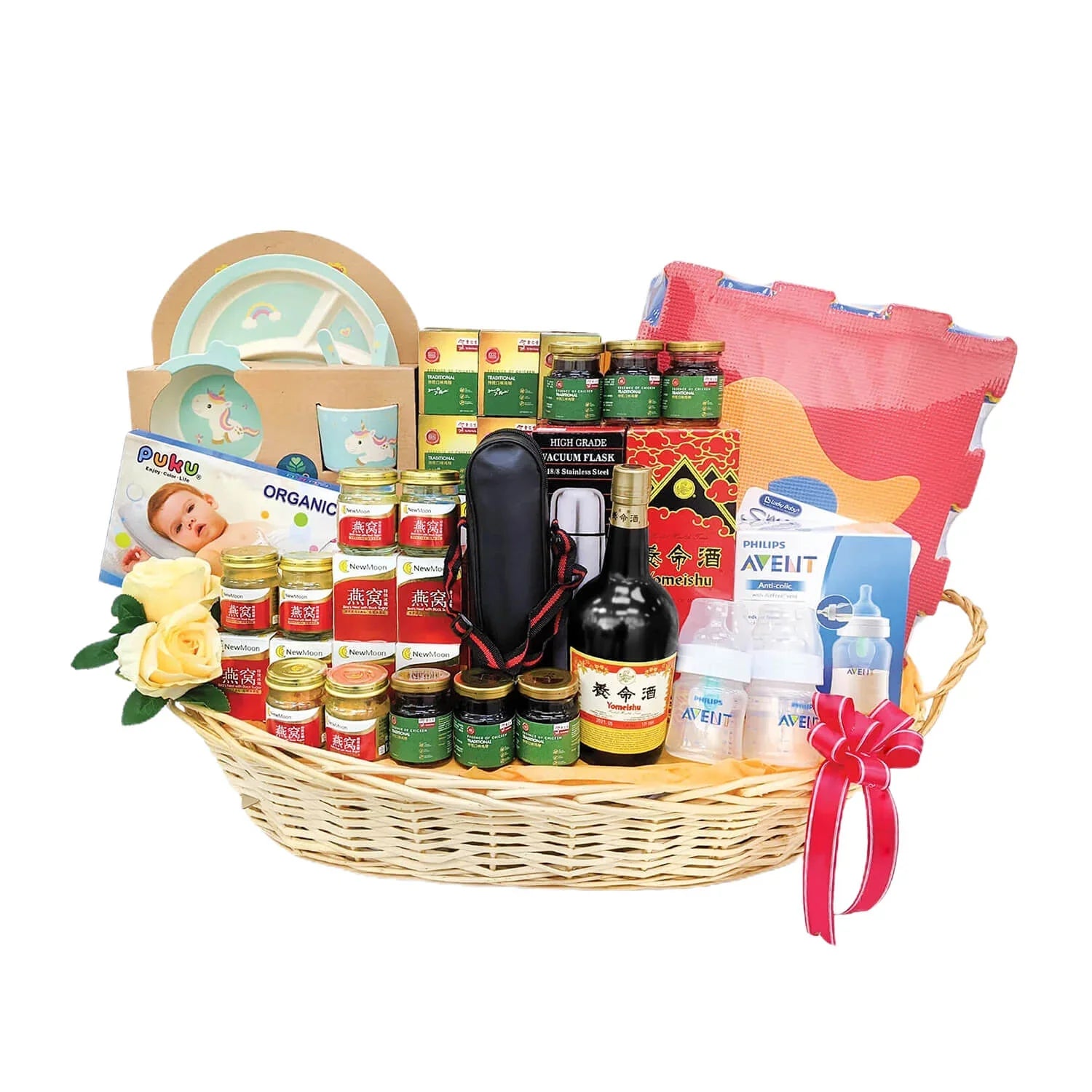 Flower delivery hamper with baby gifts, food jars, wine, and yellow roses in a basket