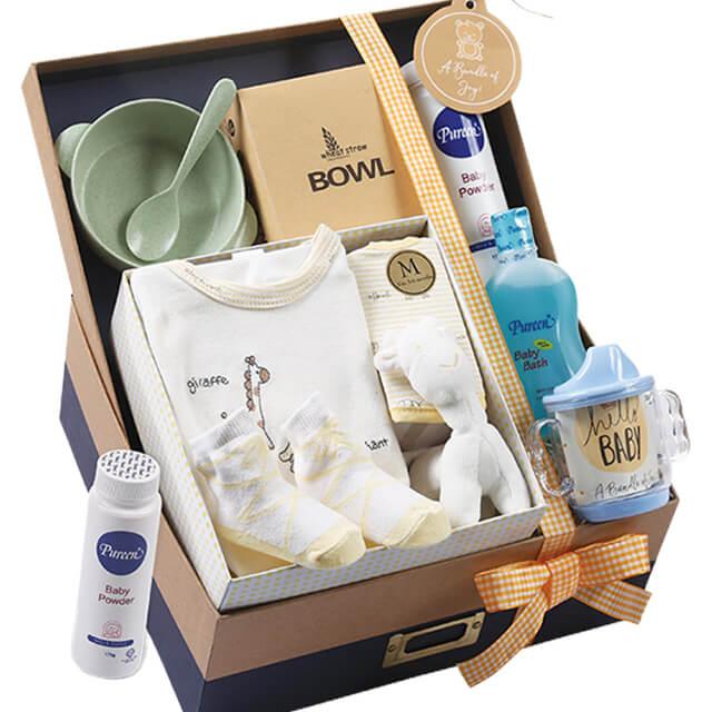 Baby gift hamper with baby clothes, soft toy, spout cup, and bath essentials for flower delivery.