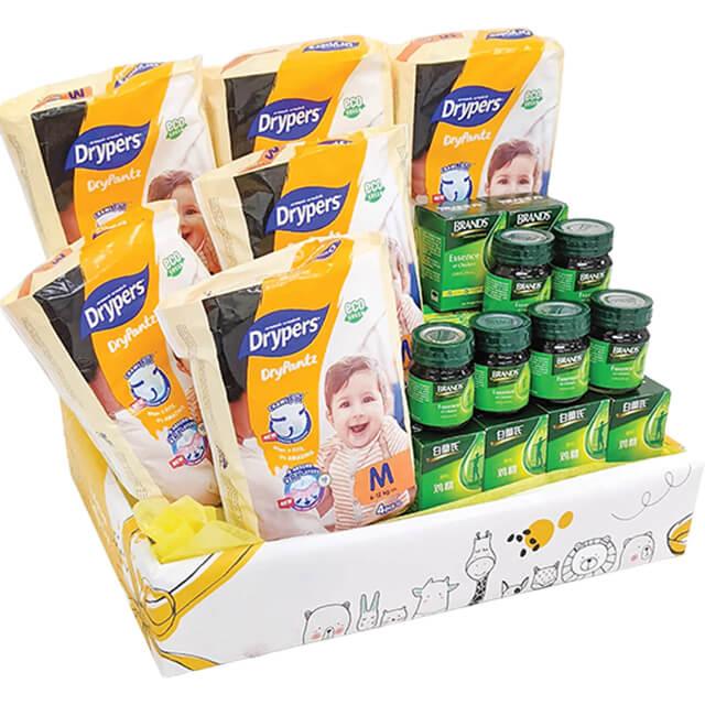 Baby gift hamper with diapers and wellness drinks for flower delivery in Singapore