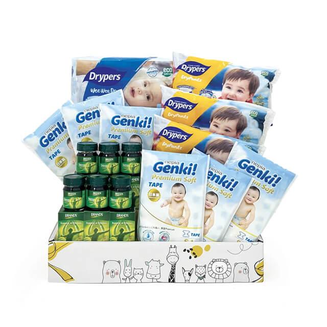 Baby hamper with diapers and health supplements, ideal for new baby flower delivery in Singapore