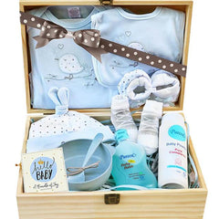 Baby gift hamper with blue clothing set, baby care products and greeting card, ideal for flower delivery gift additions.