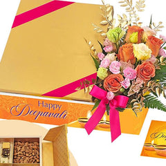 Deepavali flower delivery set with colorful bouquet and gold gift box