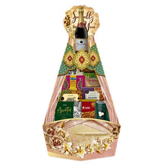 Festive hamper with wine, assorted snacks, and decorative flowers for gift delivery