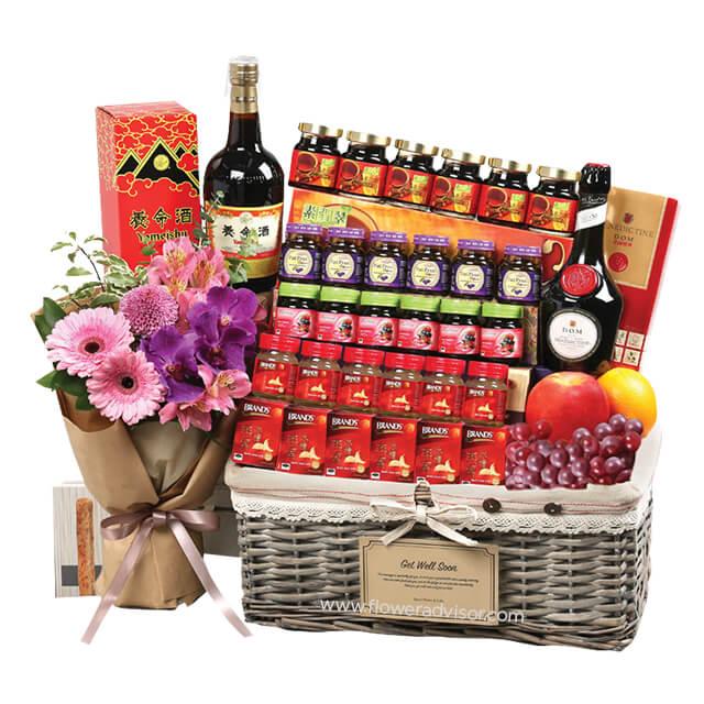 Flower bouquet and fruit hamper gift basket for flower delivery in Singapore