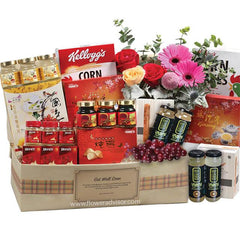 Get well soon hamper with fresh flower bouquet and assorted food gifts for delivery