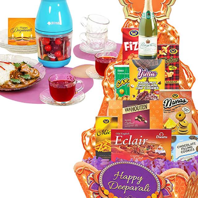 Festive hamper with cookies, chocolates, tea and snacks for Deepavali, ideal for gift delivery