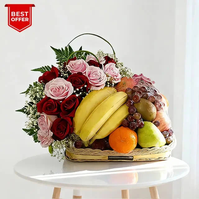 Elegant flower and fruit hamper with roses, perfect for flower delivery in Singapore