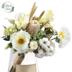 Elegant artificial flower bouquet with white blooms and cotton, ideal for flower delivery.