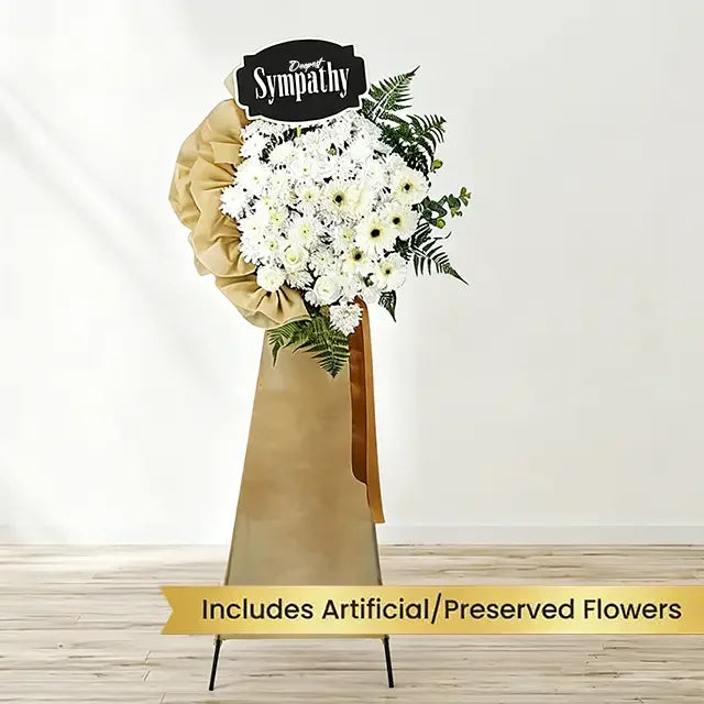 Sympathy floral stand with white artificial flowers for flower delivery in Singapore