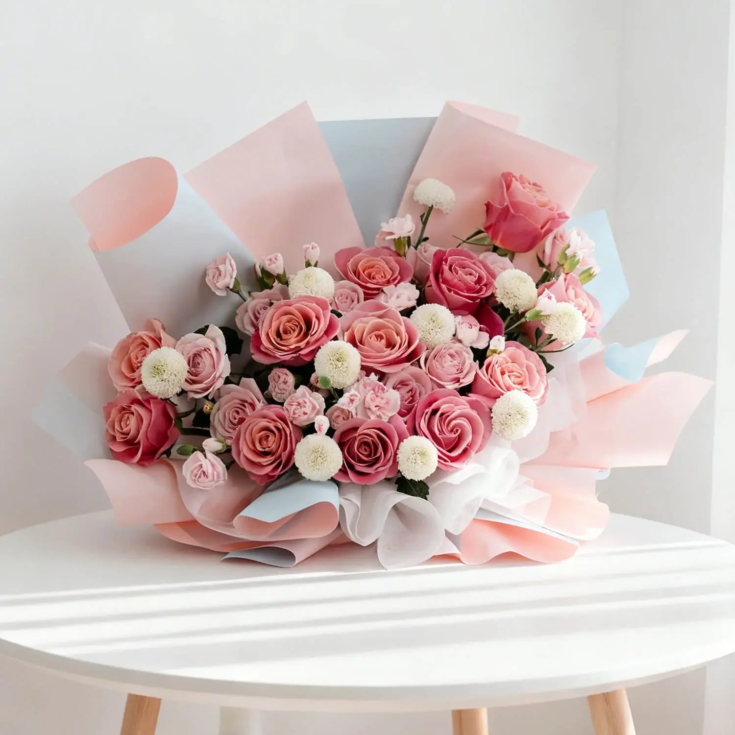 Pink rose bouquet with white pompom flowers, fresh flower delivery in Singapore