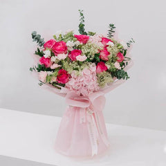 Elegant pink hydrangea and rose bouquet for flower delivery in Singapore