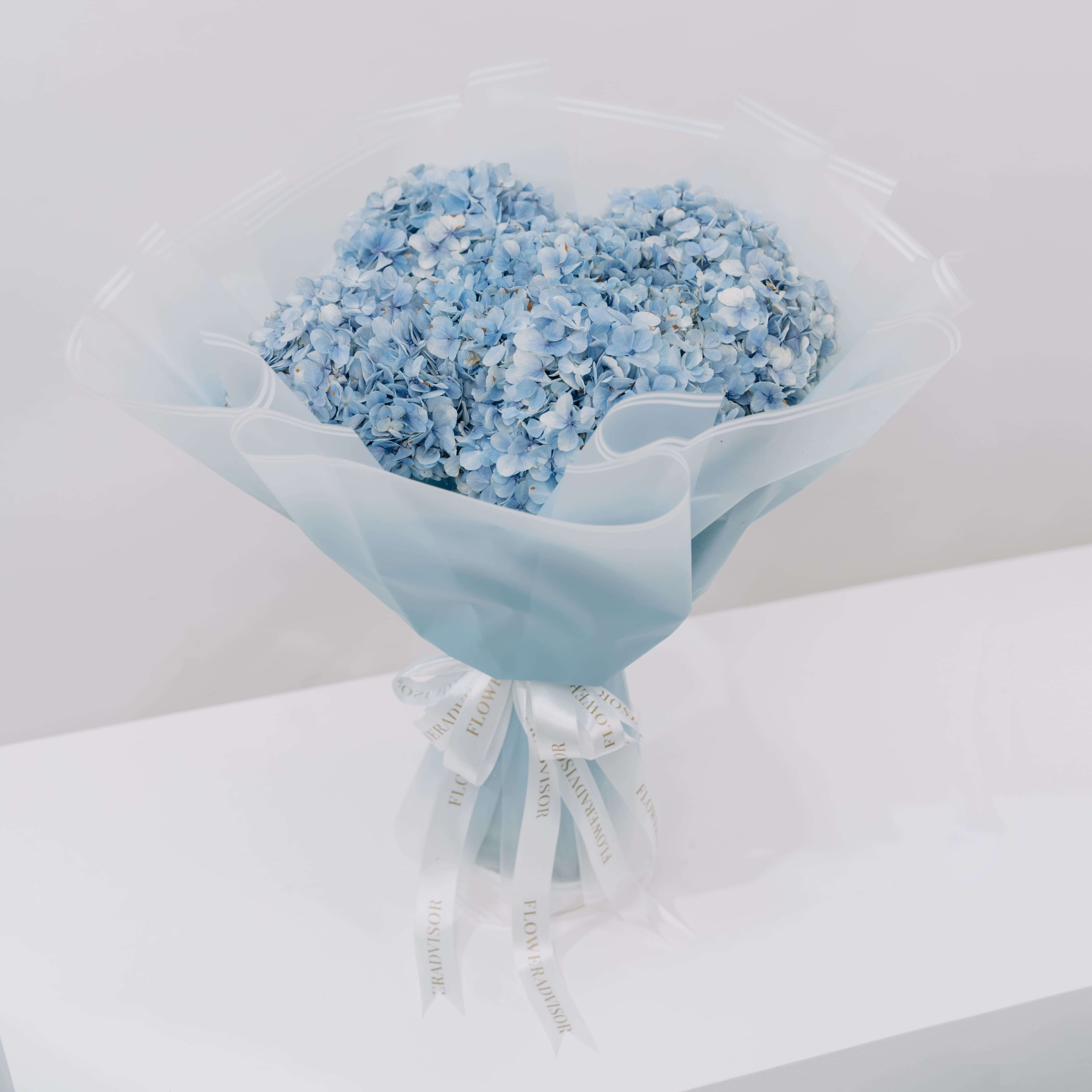 Elegant bouquet of blue hydrangeas wrapped for flower delivery in Singapore