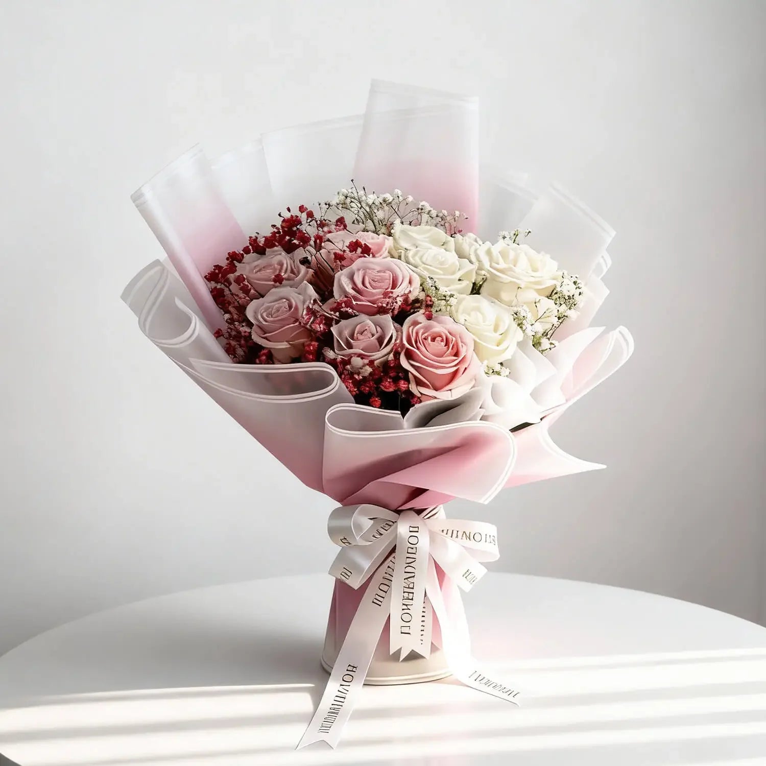 Elegant bouquet of pink and white roses with baby’s breath for flower delivery