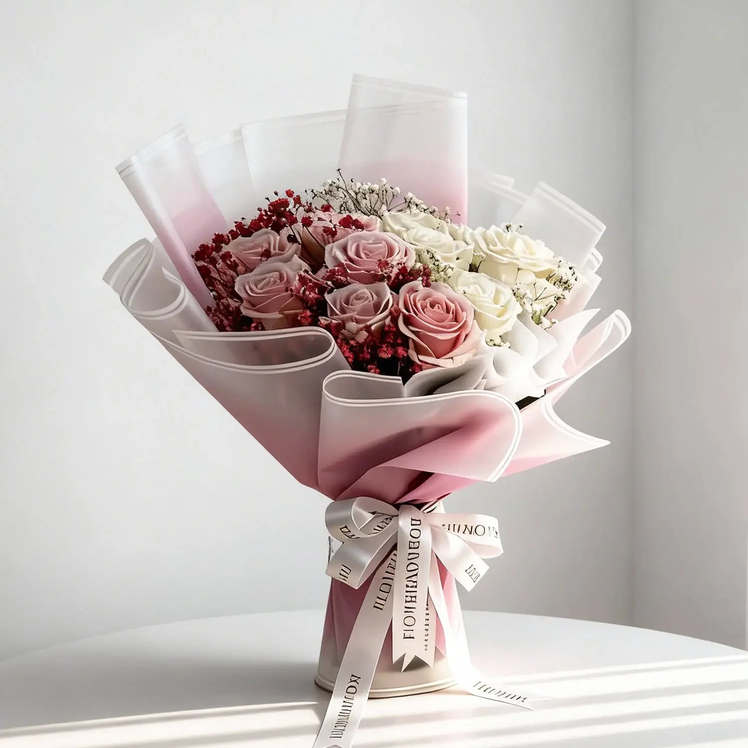 Elegant bouquet of pink and white roses with baby's breath, perfect for flower delivery in Singapore