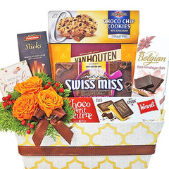 Flower delivery hamper with fresh yellow roses and assorted chocolates and cookies