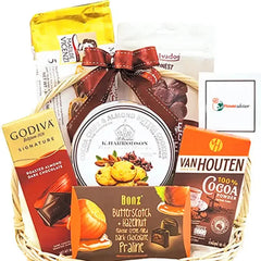 Chocolate gift hamper with flowers card, ideal for flower delivery and special occasions