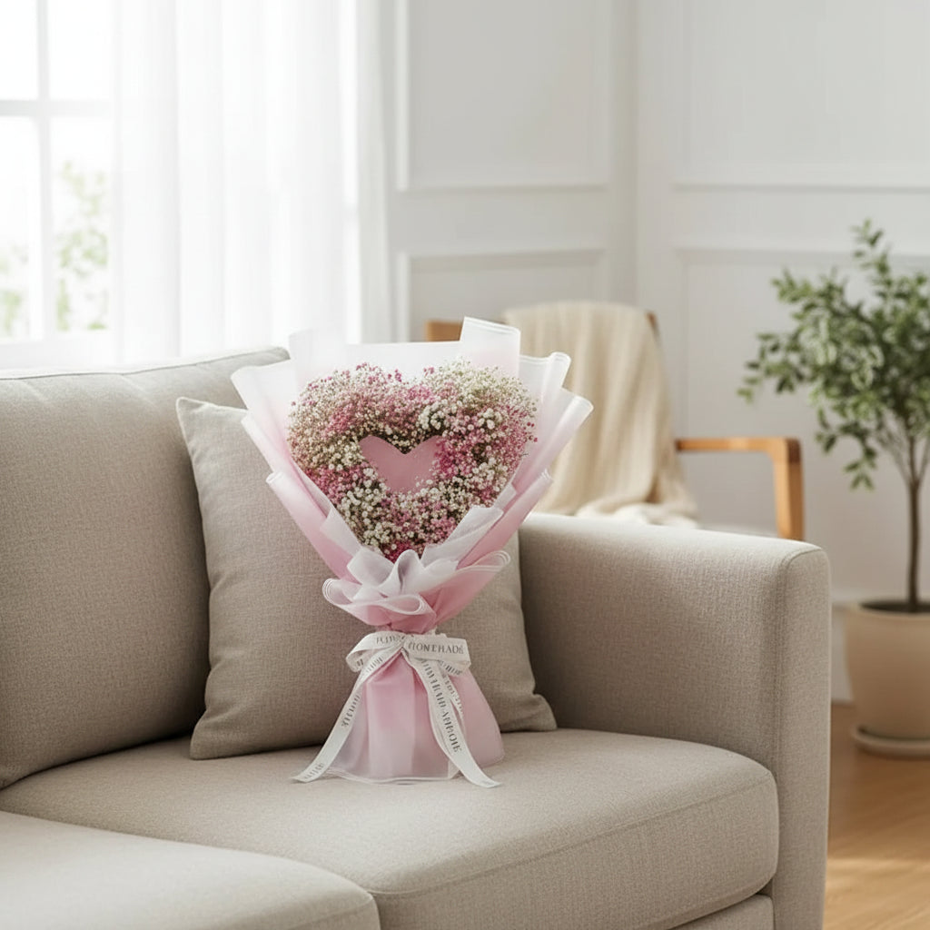 Heart-shaped baby's breath bouquet wrapped in pink, perfect for same-day flower delivery in Singapore