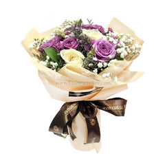 Elegant bouquet with purple and white roses, ideal for flower delivery in Singapore